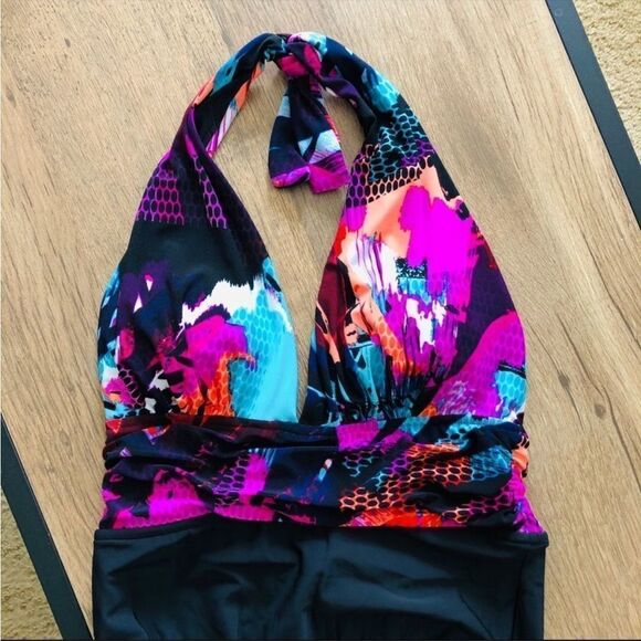 Aqua Green Colorful Halter One Piece Swimsuit - Picture 3 of 6